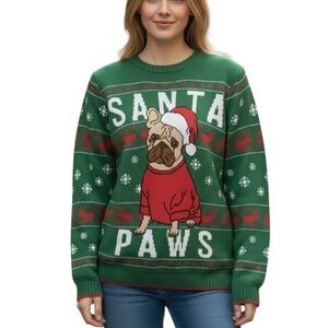 Holiday Time Green & Red Santa Paws Sweater Christmas Pug Reindeer Size Medium
